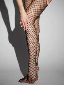 女款黑色魚網襪，細網格，高彈性，修身，派對襪 - 黑色 - 查看 2