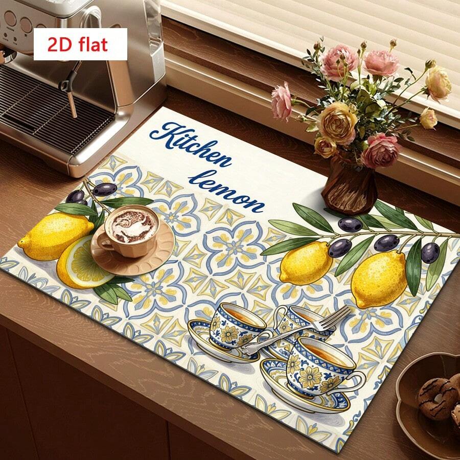 1pc Dish Drying Mat, Coffee Machine Mat, Vintage Style Multi-Coffee Drink Print Polyester Fiber Absorbent Mat, Durable And Highly Absorbent, Suitable For Cafes, Dining Tables And More, Multi-Purpose Drainage Mat, Home Gift, Tabletop Decor