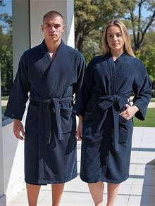UNISEX BATHROBE, WIDE AND LONG, EXCELLENT ABSORPTION, MICRO-TOWEL FABRIC (COTTON WITH MICROFIBER) - Navy Blue - View 5