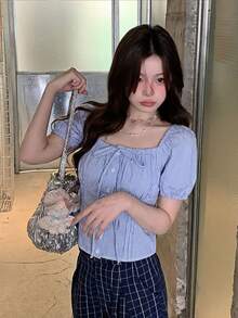 Women's Striped Short Sleeve Bow Square Neck Blouse Summer - Blue - View 10