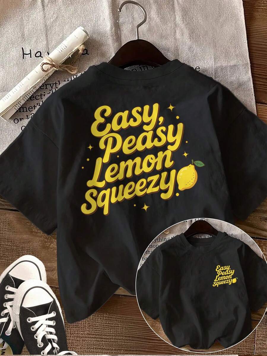 Tops,Summer Casual Women'S Top, Reversible Cartoon Print, Lemon And Star Patterns Round Neck Short Sleeve T-Shirt With Slogan Easy Peasy Lemon Squeezy - 黑色 - 查看 1