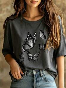 Women's Summer T-Shirt With Black And White Butterfly Print, Loose Fit, Round Neck, Short Sleeves, Casual Top For Everyday Wear - 深灰色 - 查看 6