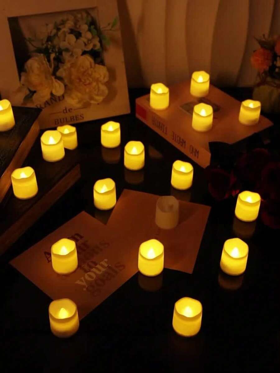 24pcs LED Warm White Candle Set - Battery Operated Realistic Flameless Tea Light Candles, No Flame LED Tea Light Candles, Battery Powered, Suitable For Yoga, Home, Wedding Decor, Holiday Gifts And Romantic Atmosphere Creation, Crystal Decorative Plastic Candles, Indoor Decoration, Perfect For Christmas, Party, Outdoor, Dining Table And Halloween. Suitable For Home, Wedding, Party, Halloween And Christmas Decoration - Indoor And Outdoor Use - LED Warm White Light Candle - View 1