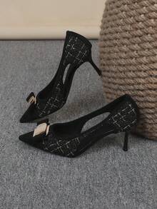 Sapatos Femininos de Salto Agulha com Bico Fino e Decote Baixo, Sapatos Versáteis com Fivela, Sapatos Slip-On da Moda, Saltos Altos Pretos, Tamanhos Grandes 35-43 - Fivela quadrada preta e dourada vazada - Visão 5
