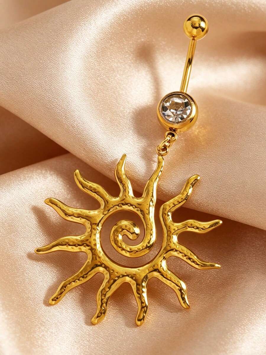 1pc New Fashion Spiral Stainless Steel Sun Belly Piercing Ring, Minimalist Versatile Radiant Swirl Summer Silver/Gold Jewelry Accessory, Suitable For Men And Women Daily Beach Vacation Wear - Yellow Gold - View 1