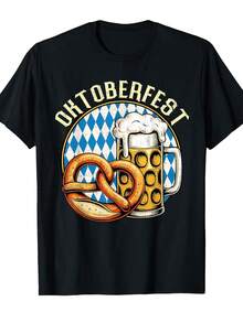 Camiseta de Oktoberfest para hombre 100% con diseño de pretzel bávaro y bandera alemana con lederhosen e impresión de jarrón de cerveza - Traje de fiesta Oktoberfest negro y dorado, camiseta - Negro - Ver 1