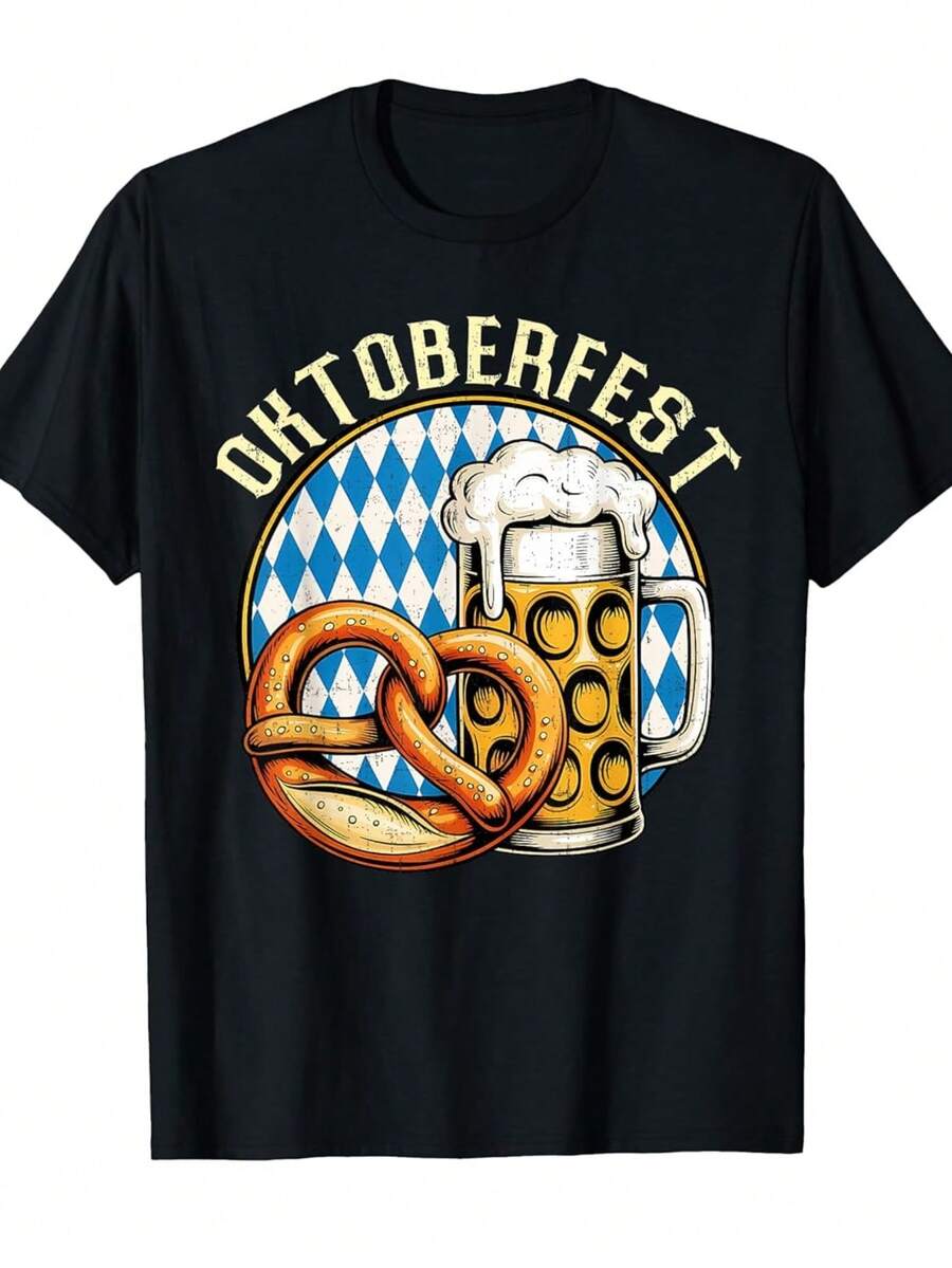 Camiseta de Oktoberfest para hombre 100% con diseño de pretzel bávaro y bandera alemana con lederhosen e impresión de jarrón de cerveza - Traje de fiesta Oktoberfest negro y dorado, camiseta - Negro - Ver 1