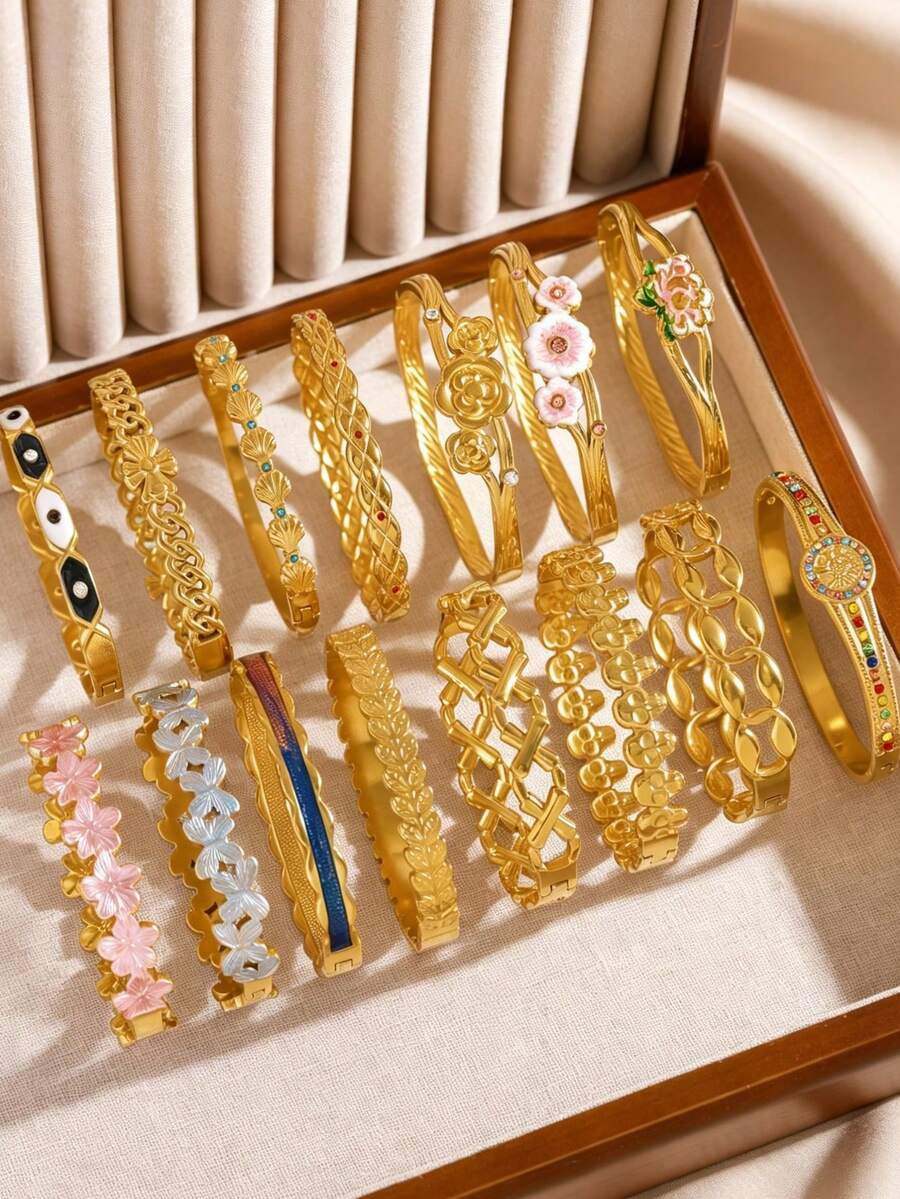 1 Stück Western-Stil charmantes dickes Premium 304 Edelstahl Blumen-Emaille-Textur stapelbares Armband-Set, rostfreies Damen-Schmuck-Gold-Accessoire-Set, geeignet für Alltag, Hochzeit, Party, Feiertagsgeschenk - Goldgelb - Übersicht 1