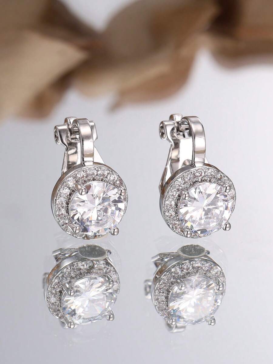 Vanel 1Pair Chic Clip Earrings, Round CZ Center With Clear CZ Halo Design For Daily & Party Wear - Silver-white - View 1