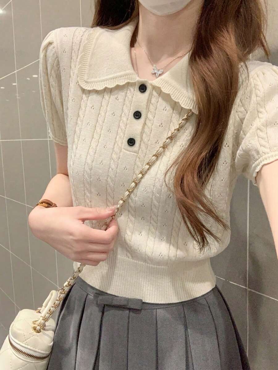 Peter Pan Collar Puff Sleeve Knit Sweater, Sweet Versatile Tops For Women, Summer New Arrival - Apricot - View 1