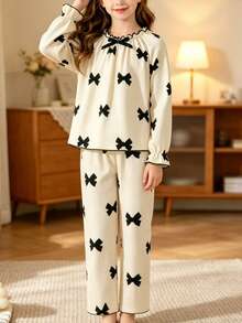 Girls French Style Pajama Set, Apricot Bottom With Black Bow Puff Crepe Print 2 Pieces Set, Suitable For All Seasons, Soft And Breathable Loungewear - Apricot - View 3