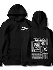 Sudadera con capucha beige para hombres - Patrón de cantante de Paulo Londra impreso - Sudadera de estilo urbano de manga larga - Lavable aáquina, ropa de otoño e invierno - Unisex, adecuada - Negro - Ver 1