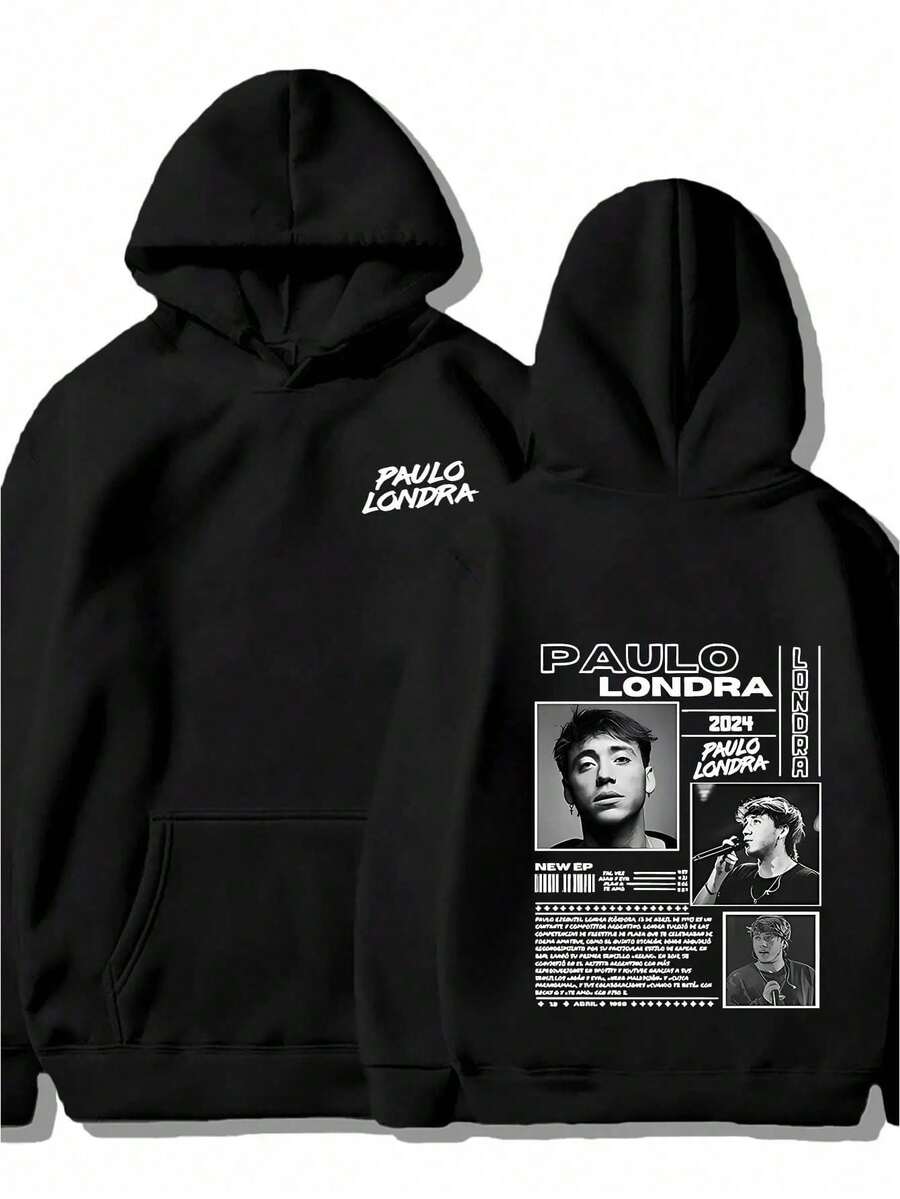 Sudadera con capucha beige para hombres - Patrón de cantante de Paulo Londra impreso - Sudadera de estilo urbano de manga larga - Lavable aáquina, ropa de otoño e invierno - Unisex, adecuada - Negro - Ver 1