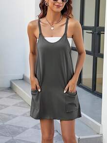 Women's Sleeveless Summer Mini Dress, Spaghetti Strap Style, Short Dress With Pockets - 深灰色 - View 5