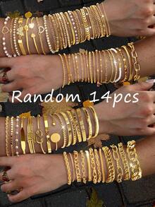 23/20/14/8/6pcs Multi-Layered Old Money Style Fashion Minimalist Elegant Exquisite Vintage Design Geometric Ribbon Heart Rhinestone Bling Bling Shiny Butterfly Twist Faux Pearl Embossed Texture Chain Cuban Chain Twisted Chain Bead Chain Infinity Chain Snake Chain Airplane Chain Disc Box Chain Plain Chain Metal Style Bracelet Set, Holiday Vacation Party Date Gift Daily Commute Wear (Randomly Shipped) - Yellow Gold - View 11