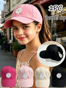 1 pieza Gorra de béisbol con parche floral para niños, gorra deportiva de verano con coleta, gorra de protección solar - Multicolor - Ver 1