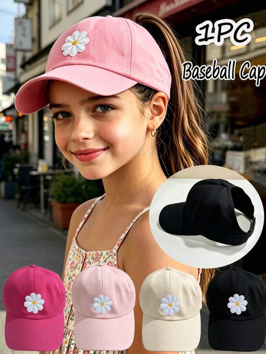 1 pieza Gorra de béisbol con parche floral para niños, gorra deportiva de verano con coleta, gorra de protección solar - Multicolor - Ver 1
