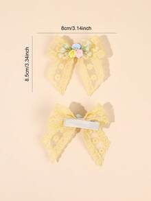 2pcs Yellow Floral Embroidered Lace Hair Clips, Exquisite Embroidered Daisy Hair Clips, Sweet Forest Style Teen Hair Accessories, Spring/Summer - Yellow - View 5
