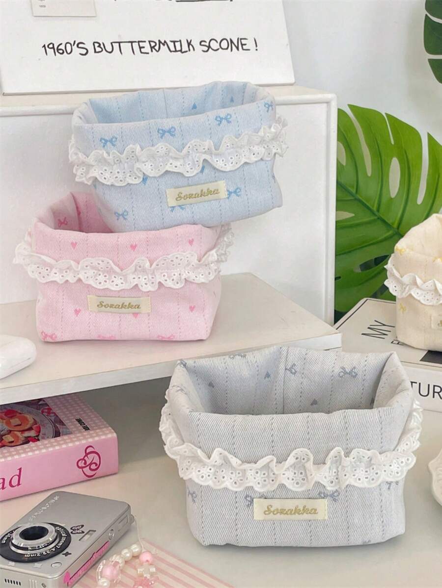 1Pc Cute Lace Ruffle Quilted Storage Basket, Small Bow Print Foldable Desktop Organizer For Cosmetics Sundries Bedroom Decor