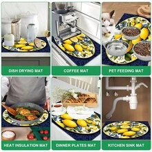 1pc Lemon Pattern Absorbent Drying Mat, Kitchen Decor Coffee Machine Mat, Hand Drip Coffee Pot Drainer Mat, Kitchen Floor Mat, Table Mat, Kitchen Countertop Dish Drying Mat, Breakfast Mat, Heat-Resistant Drainer Mat With Non-Slip Backing, Diatomaceous Earth Drainer Mat, Stain-Hiding, Super Absorbent Kitchen Drainer Mat, Easy-To-Clean Dish Rack Mat, Perfect For Kitchen, Dining Table, Coffee Shop, Bar, Holiday, Party, Home Decor, Holiday Gift - Multicolor - View 7