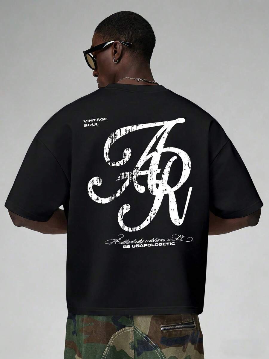 Men's Minimalist And Versatile Short-Sleeved T-Shirt With Round Neck And Letter Print - 酒紅色 - 查看 1
