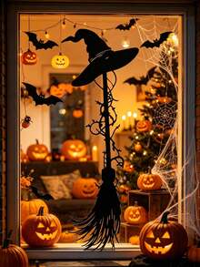 1pc Halloween Wall Sticker, Witch Hat & Broom Metal Decal, Black Halloween Window Sticker, Halloween Party Decor, Halloween Room Decoration, Trick Or Treat, Happy Halloween Decoration, Halloween Party Supplies, Halloween Outdoor Decor, Halloween Window Display Decor, Halloween Scary Scene Decor, Haunted House Decor, Day Of The Dead Decor, Halloween Photo Props, Halloween Home Decor, Halloween Gift, Party Favors, Christmas, 2027 New Year - Witch - View 10