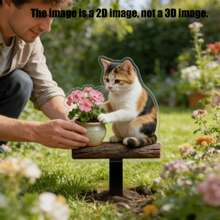 Flat 2D Acrylic Calico Cat Garden Stake Cute Kitten Touching Pink Flower Pot Weatherproof Outdoor Yard Lawn Decor Not 3D Ornament - L - View 5