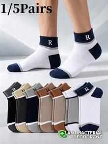 1/5 Pairs 7A Grade Antibacterial Deodorant Men's Sports Short Socks, Breathable Cotton Color Block Patchwork R Logo Non-Slip Daily Casual Sports Wear - Multicolor - View 1