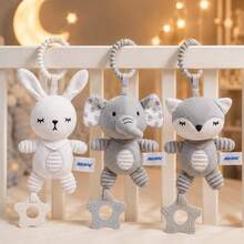 3-Piece Bed Hanging Toys, Rabbit/Elephant/Fox Plush Toys With Teething Ring, Portable Baby Bed/Stroller Hanging Pendant, Suitable As Baby Gift - Multicolor - View 3