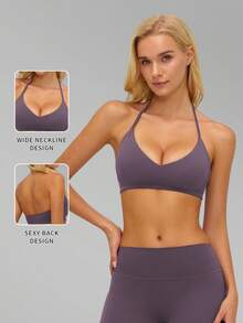MFVIM Women's Halter Neck Hollow Back Fitted Sports Bra, Versatile Soft Lightweight Skin-Friendly Top For Running And Fitness - Purple - View 4