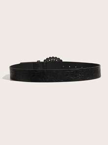 1pc Women's Turquoise Round Buckle Coffee Velvet Waist Belt, Suitable For Daily Use - Black - View 3