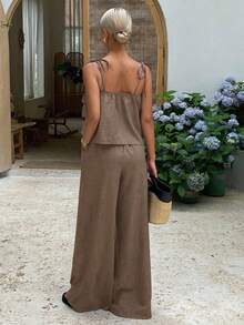 2 piezas Conjunto de top con volantes y pantalones de cintura alta con lazo, conjunto casual de 2 piezas, conjunto de verano para mujer, conjunt - Camel - Ver 10
