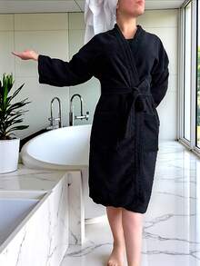 UNISEX BATHROBE, WIDE AND LONG, EXCELLENT ABSORPTION, MICRO-TOWEL FABRIC (COTTON WITH MICROFIBER) - Black - View 2