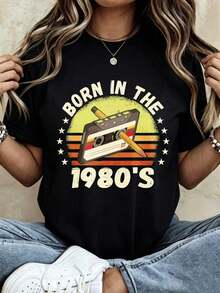 Camiseta de mujer con diseo de cinta "Nacido en la d←c de 1980", de manga corta y cuello redondo, casual - Negro - Ver 2