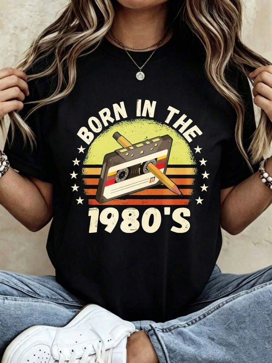 Camiseta de mujer con dise￱o de cinta "Nacido en la d￩c de 1980", de manga corta y cuello redondo, casual