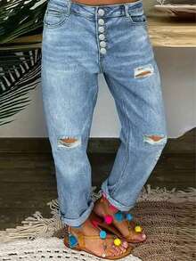 Jeans de pierna recta con cierre de un solo botón, desgastados y con dobladillo enrollado, casual para primavera y otoño - Lavado ligero - Ver 4