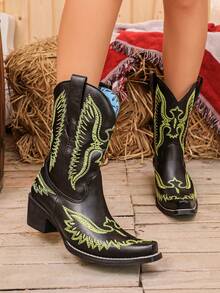 Women's Western Style Embroidered Mid-Calf Boots, Holiday Gift For Girlfriend - Black - View 4