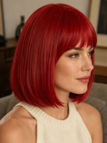 Elegant Red Women's Wig, 12 Inch Short Straight Hair With Bangs, Natural Style, Fashionable And Versatile, Fluffy And Comfortable, Suitable For Daily Wear, Parties, Balls, Carnivals And Other Occasions,Halloween - Red - View 4