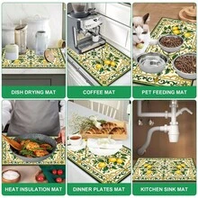 1pc Lemon Print Absorbent Drying Mat, Kitchen Decor Coffee Machine Mat, Laundry Room Accessory Handmade Coffee Pot Drip Tray, Kitchen Floor Mat, Table Mat, Kitchen Countertop Dish Drying Mat, Breakfast Mat, Heat Resistant Drip Tray With Non-Slip Backing, Diatomaceous Earth Drip Tray, Stain Hiding, Super Absorbent Kitchen Drip Tray, Easy To Clean Dish Rack Mat, Perfect For Kitchen, Dining Table, Coffee Shop, Bar, Holiday, Party, Home Decor, Holiday Gift - Multicolor - View 7