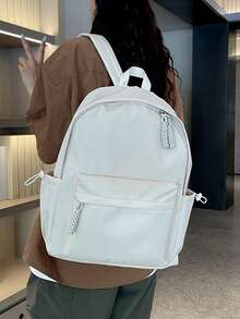 Mochila de nylon de unicolor minimalista para mujer, mochila ligera para uso diario de negocios y desplazamientos, mochila casual de gran capacidad con múltiples bolsillos adecuada para oficina, trabajo, viajes y escuela - Blanco - Ver 7