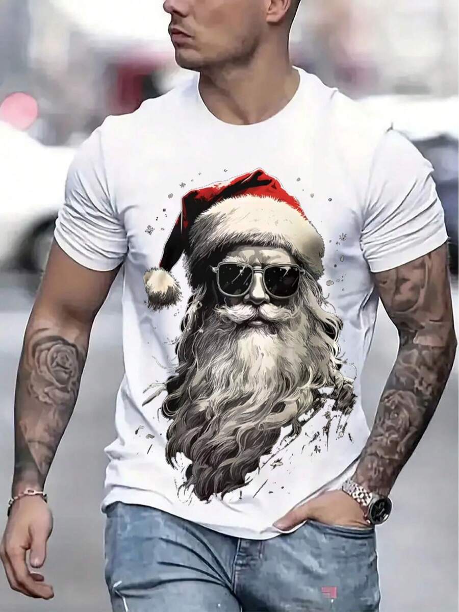 2026 Women's Shirts Men's Christmas T-Shirt, Comfortable, Round Neck, Casual, Cotton, Short Sleeve, Soft And Breathable, Men's Clothing, Summer And Spring T-Shirt, Ro - 白色 - 查看 1