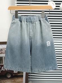 1pc Boys' Fashionable Ombre Shorts, Soft Washed Denim Fabric, Loose Fit, Embroidered Letter, Side Panel, Suitable For Teenagers For School, Weekends, Commute, Spring/Summer - Blue - View 2