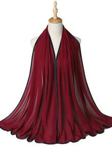 1pc Spring/Summer Casual Versatile Modest Minimalist Solid Color Soft Breathable Chiffon Hijab Scarf - Wine Red With Black Trim - View 2