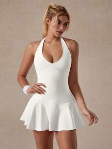TimeOff Women's One Piece Solid Color Halter Neck Backless Pocket Lined Shorts Sports Romper - White - View 10