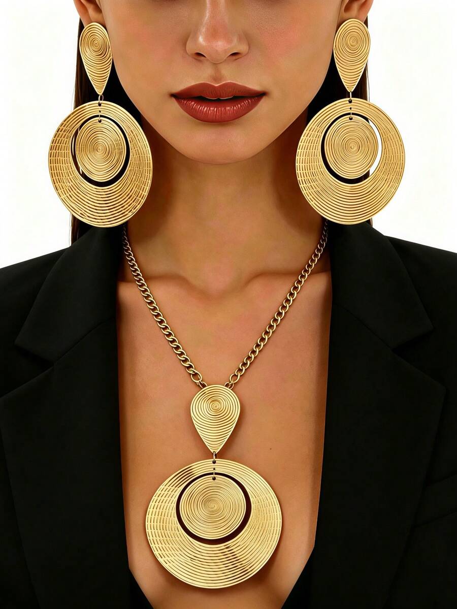 1 Pair Women's Fashion Minimalist Versatile Oversized Geometric Round Mesh Metal Texture Pendant Earrings - Yellow Gold - View 1