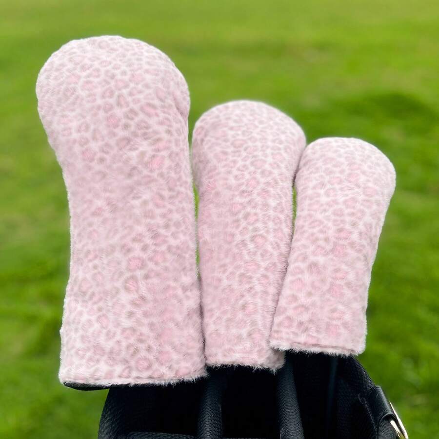 1PC Light Pink Plush Leopard Print Golf Head Covers, Fits Driver, Fairway Wood And Hybrid Clubs, Universal Design For Men & Women Golfers, Durable & Stylish Golf Club Protective Covers - Multicolor - View 1