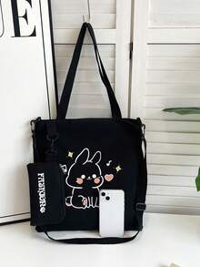 Tas Tote Kanvas untuk Siswa Sekolah Dasar dan Menengah, Tas Bimbingan Belajar Bergambar Kartun, Tas Bahu, Tas Selempang Kanvas, Ransel Serbaguna Kapasitas Besar - Hitam - View 3