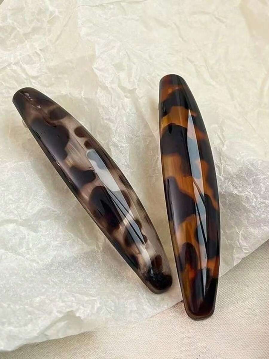 2Pcs Retro Tortoise Print Curved Hair Barrettes, Vintage French Side Hair Clips, Daily Bangs Ponytail Fixing Hair Accessories For Women - Multicolor - View 1
