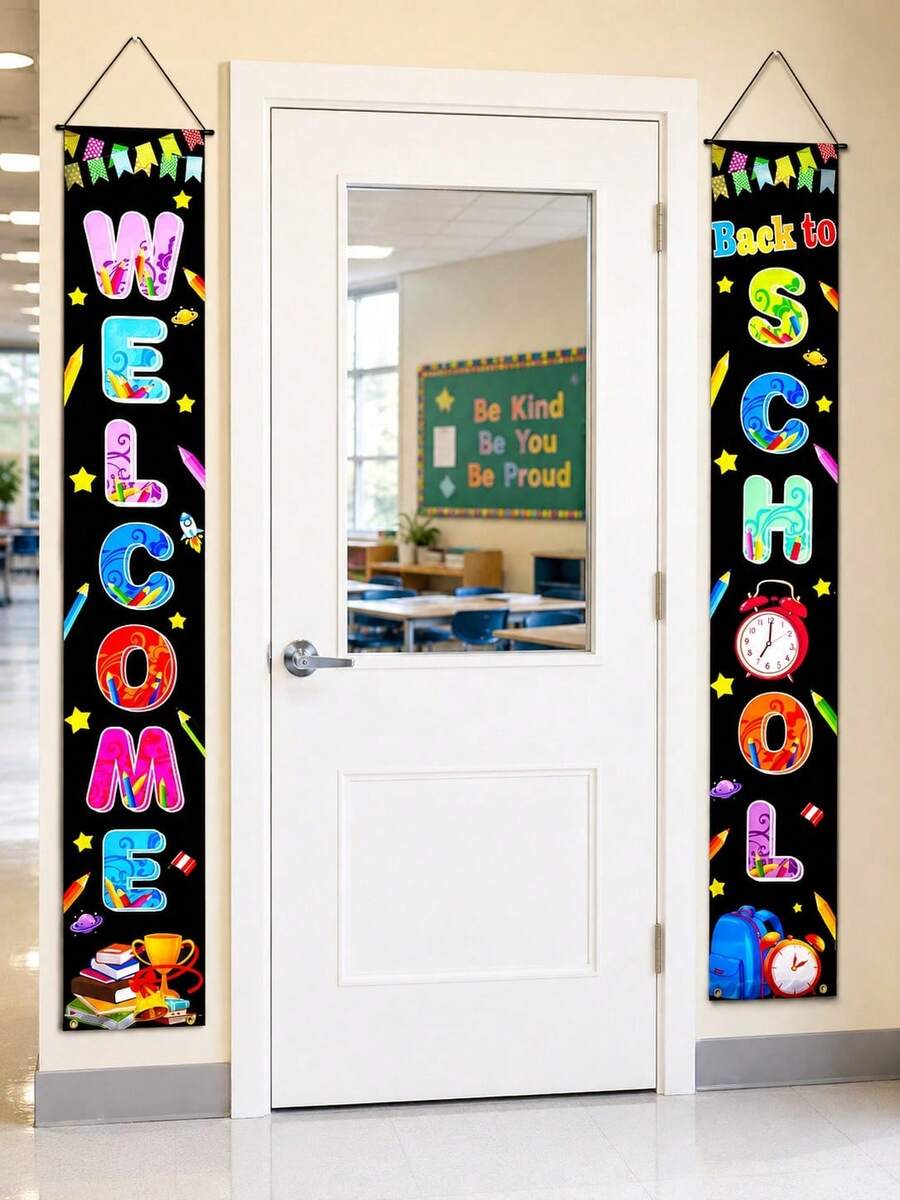 2 Stücke Set "Willkommen zurück in der Schule" Banner, farbenfrohe Klassenzimmer-Türdekoration Schilder, geeignet für Kindergarten, Vorschule, Grundschule, Schulanfang Partyzubehör - A - Übersicht 1