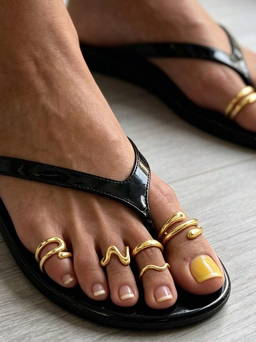 5pcs Ins Asymmetrical Line Wave Design Metallic Glossy Toe Rings, Beach Vacation Style Stackable Open Toe Rings - Gold - View 1